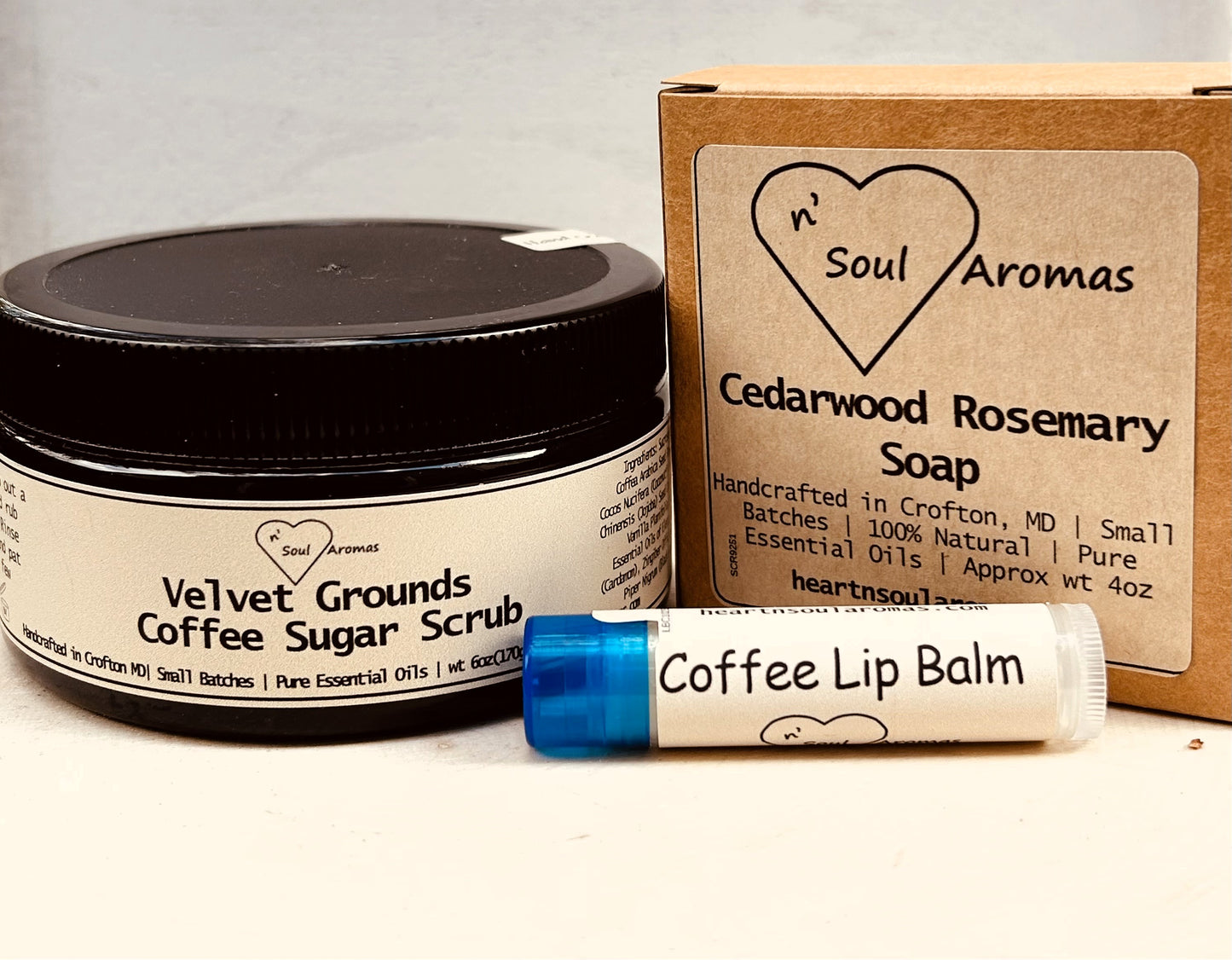 Stay Grounded Gift Set – Natural Coffee Scrub, Lip Balm & Cedarwood Rosemary Soap