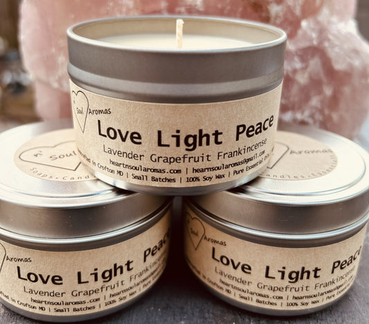 Love Light Peace – All natural soy wax candle hand poured with pure essential oils.